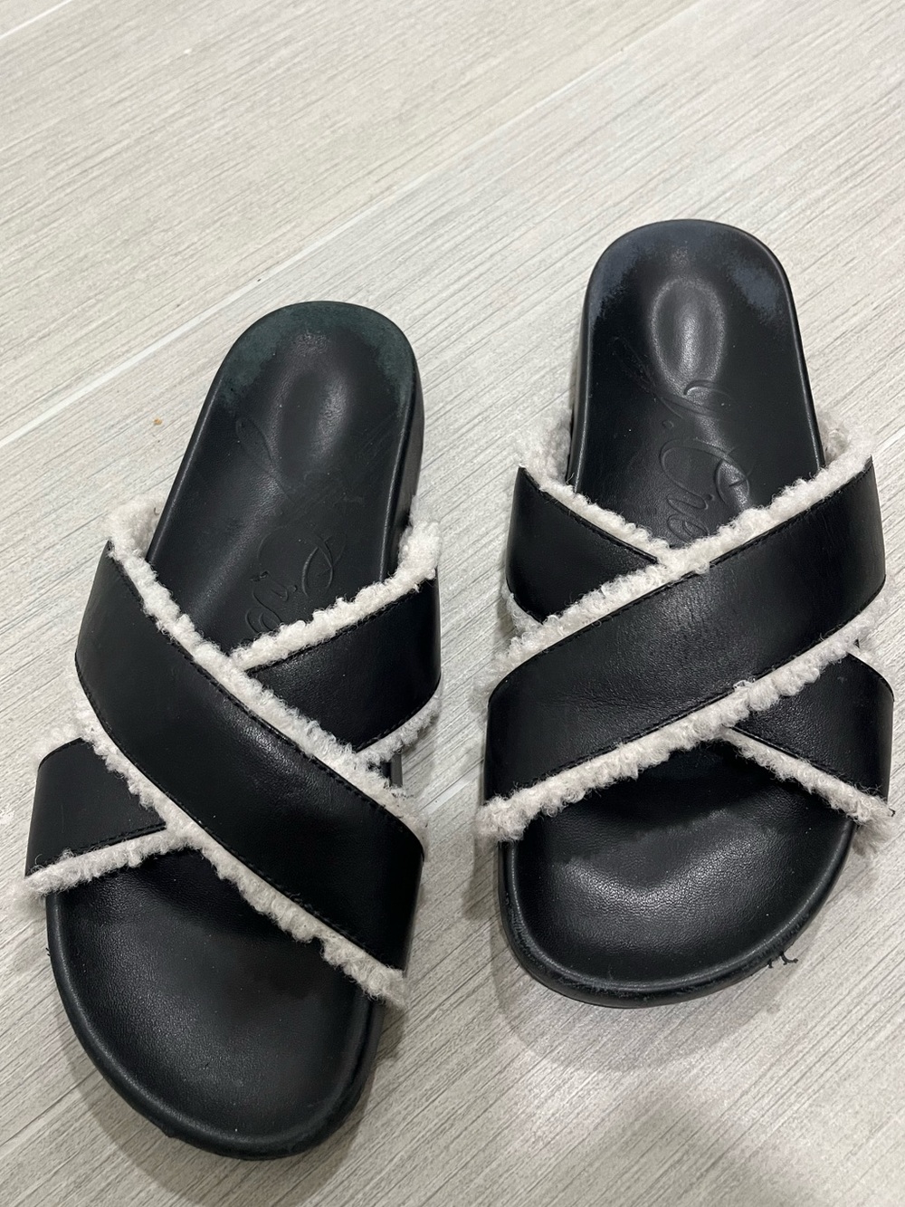 J.Crew Black Faux-Shearling Crisscross Slide Sandals